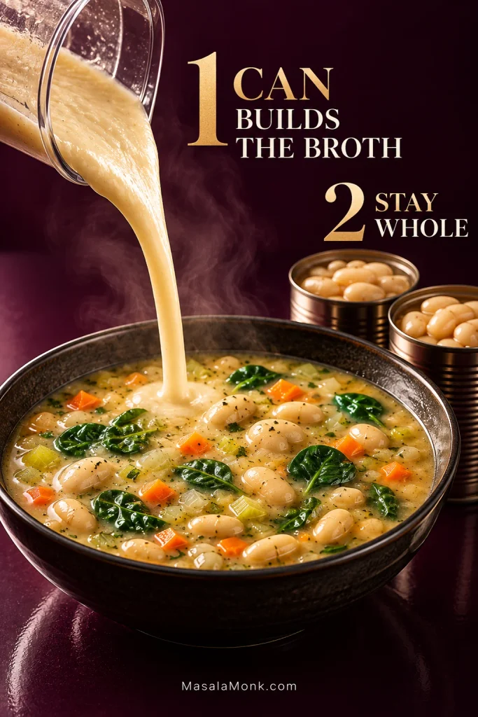 White bean soup showing smooth blended beans forming the broth while whole cannellini beans remain visible, with text explaining that one can builds the broth and two stay whole.
