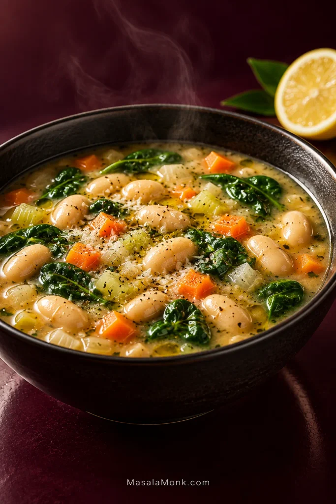 Finished bowl of creamy cannellini bean soup with spinach, carrots, celery, black pepper and a light sheen of olive oil.