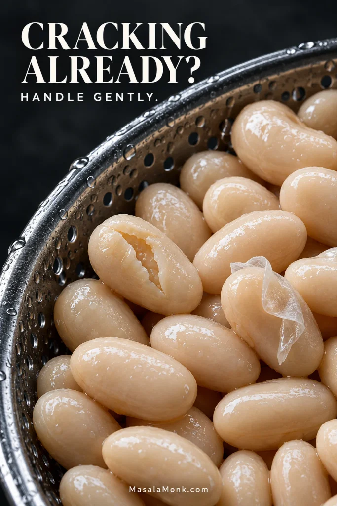 Macro view of rinsed cannellini beans, including intact beans and one very soft bean splitting with a loose skin.
