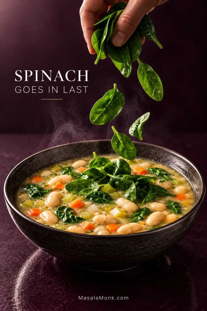 Fresh baby spinach being dropped into a pot of creamy white bean soup with whole beans and diced vegetables.