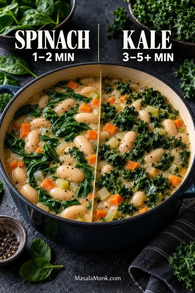 White bean soup comparing soft wilted spinach with more structured cooked kale in the same creamy bean broth.