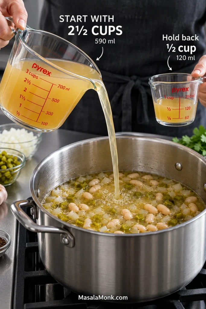 Clear measuring cup pouring 2½ cups of chicken broth into a pot while a separate ½ cup of broth is held in reserve.