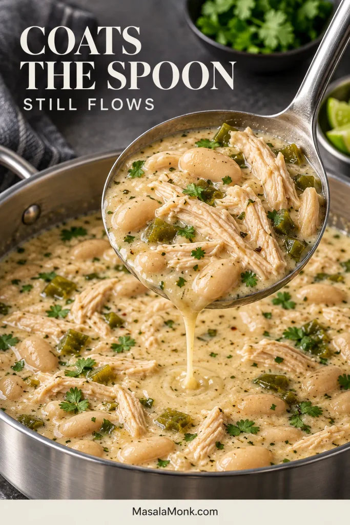 Ladle holding shredded chicken and white beans in creamy white chicken chili, with a narrow stream of broth flowing back into the pot.