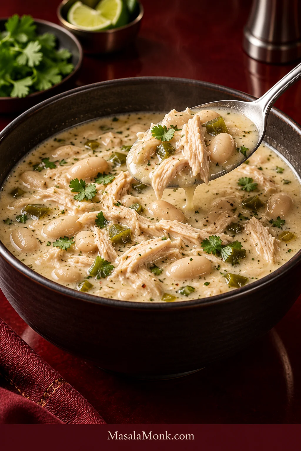 Bowl of creamy white chicken chili with shredded chicken, whole white beans and green chile pieces, with a spoon lifting a serving.