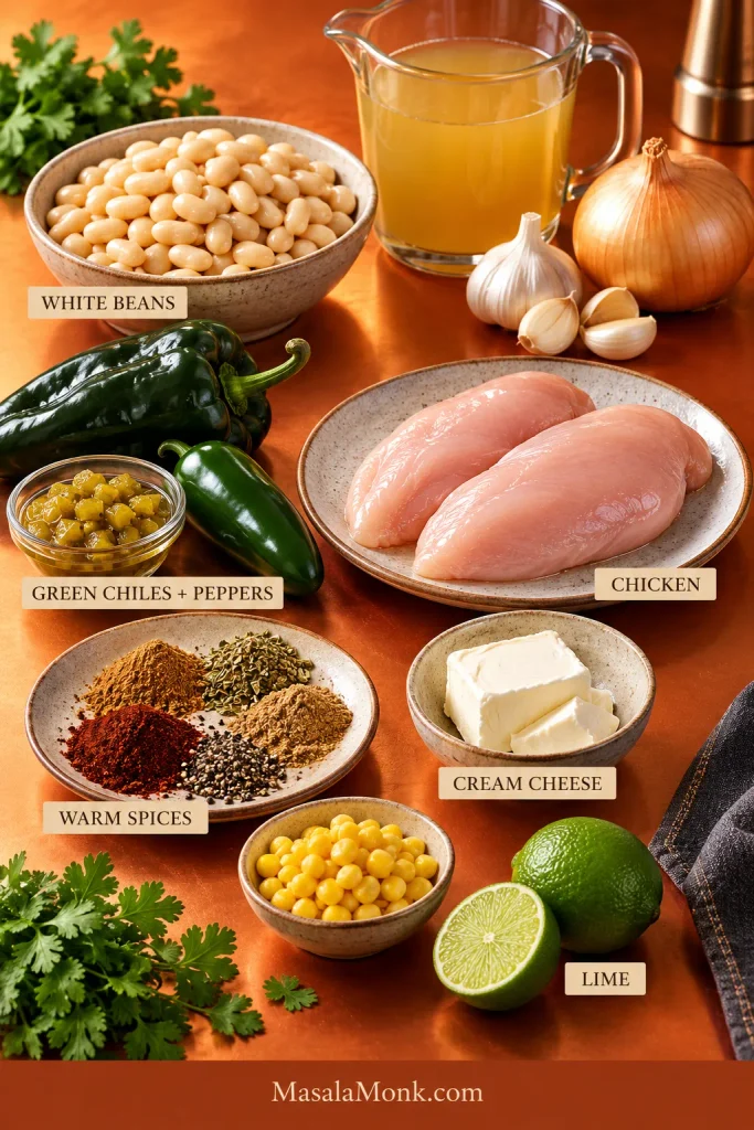 White chicken chili ingredients arranged together, including chicken breast, white beans, poblano, jalapeño, diced green chiles, onion, garlic, spices, broth, cream cheese and lime.