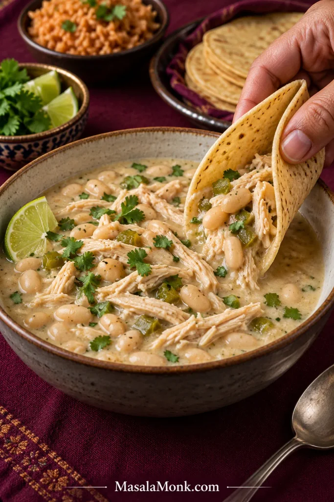 Hand holding a folded corn tortilla with chicken and white beans beside a bowl of creamy white chicken chili, with lime and Mexican rice nearby.