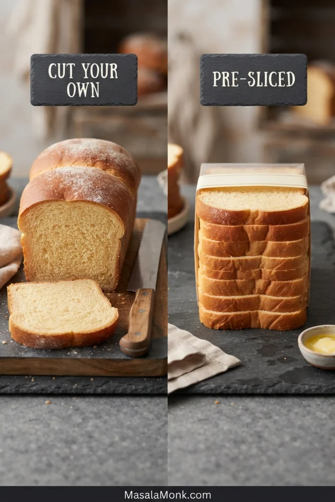 A whole brioche loaf and a thick hand-cut slice sit beside a stack of thinner packaged brioche slices.