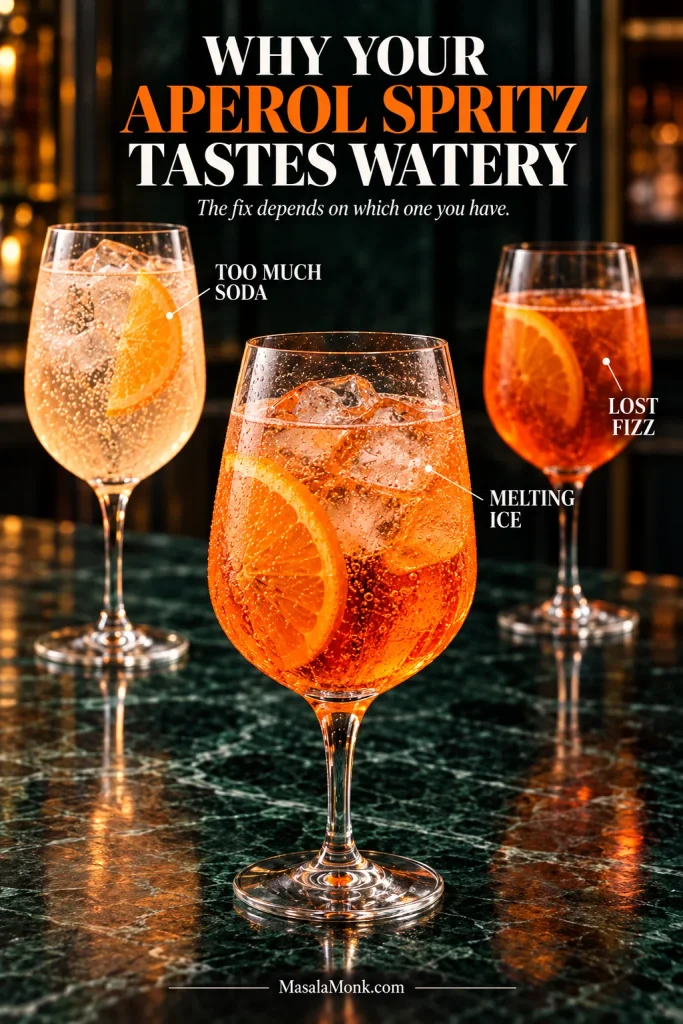 Three Aperol Spritz glasses showing different watery-drink problems: a pale bubbly glass with too much soda, a center glass with melting ice and a deeper orange glass with little carbonation.