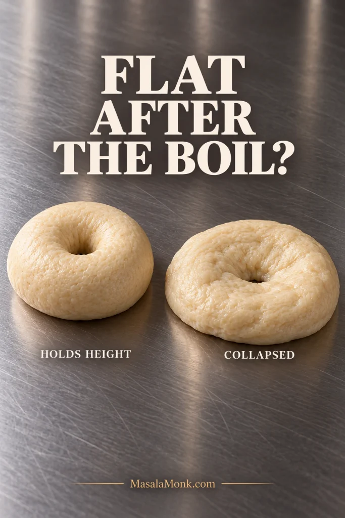 Two pale boiled bagels on stainless steel, one holding a rounded shape and the other visibly flatter and collapsed after boiling.
