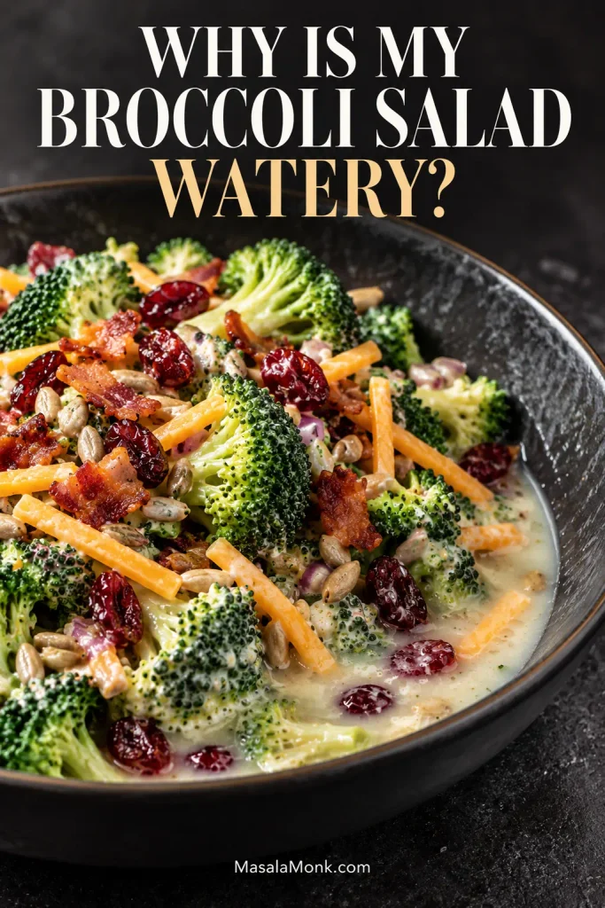 Bowl of broccoli salad with thin creamy liquid pooling around broccoli, bacon, cheddar, dried cranberries and sunflower seeds.