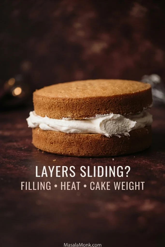 Layer cake with the upper layer shifted slightly sideways as whipped cream cheese frosting filling compresses and bulges at one edge.