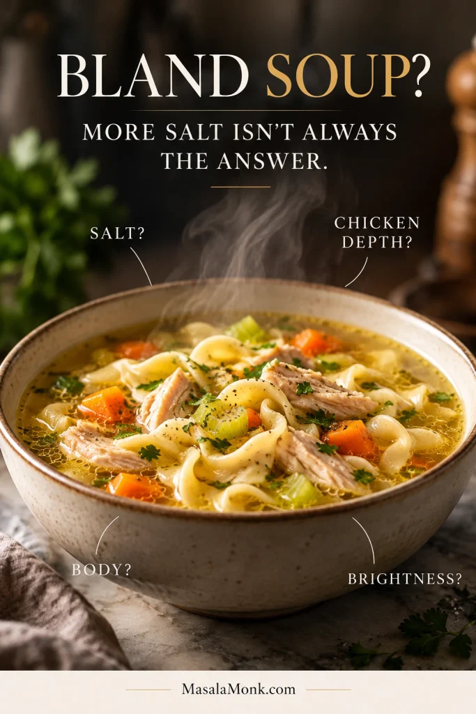 Steaming bowl of chicken noodle soup with wide egg noodles, chicken, carrots and celery, surrounded by the prompts “Salt?”, “Chicken Depth?”, “Body?” and “Brightness?”. Headline reads “Bland Soup? More Salt Isn’t Always the Answer.”