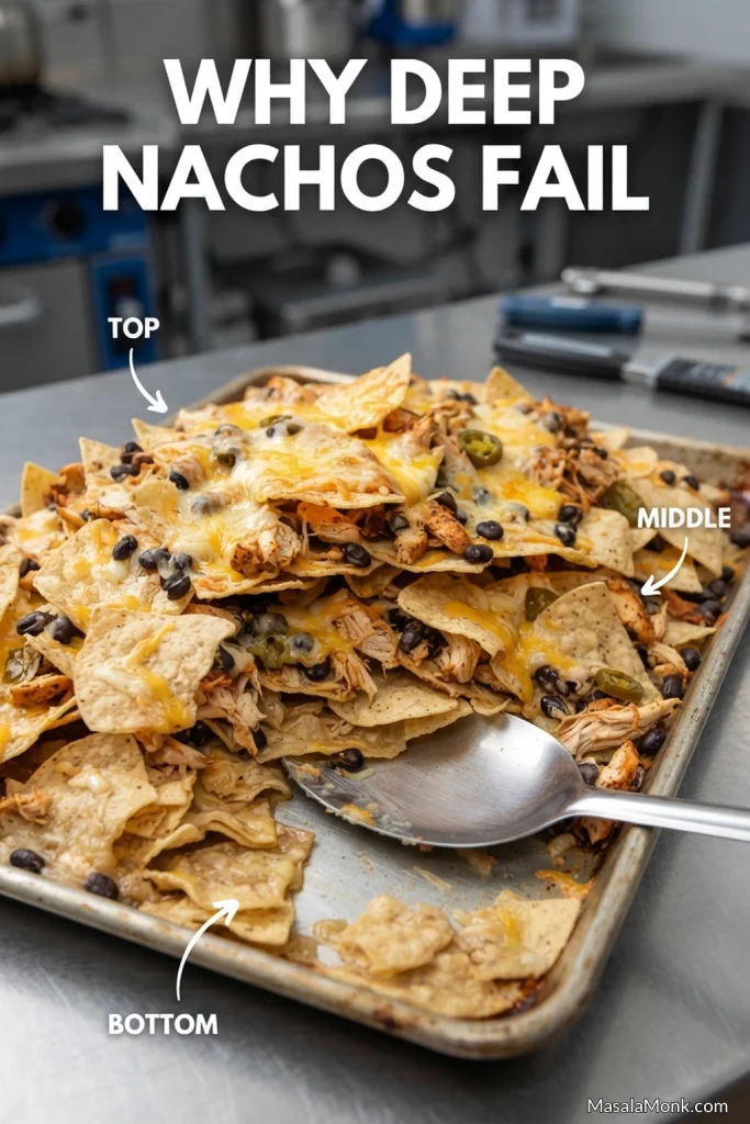 Deep tray of chicken nachos with part of the pile opened to reveal different conditions at the top, middle and bottom.