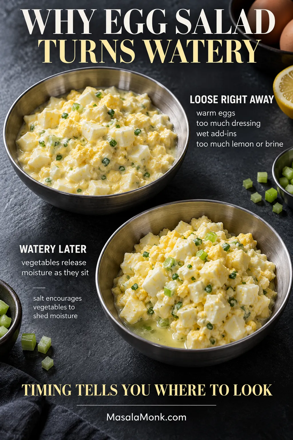 Two bowls compare loose egg salad immediately after mixing with egg salad that later develops a small pool of liquid from released vegetable moisture.