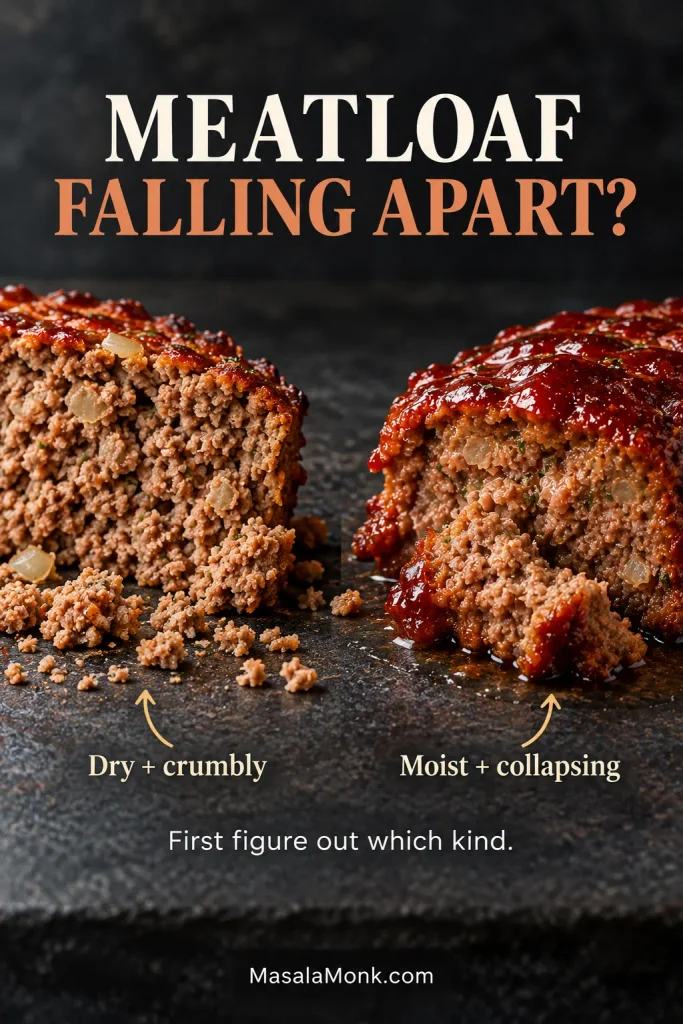 Two meatloaf portions compared side by side: one is dry and breaking into loose crumbs, while the other is moist but slumping and losing its shape.