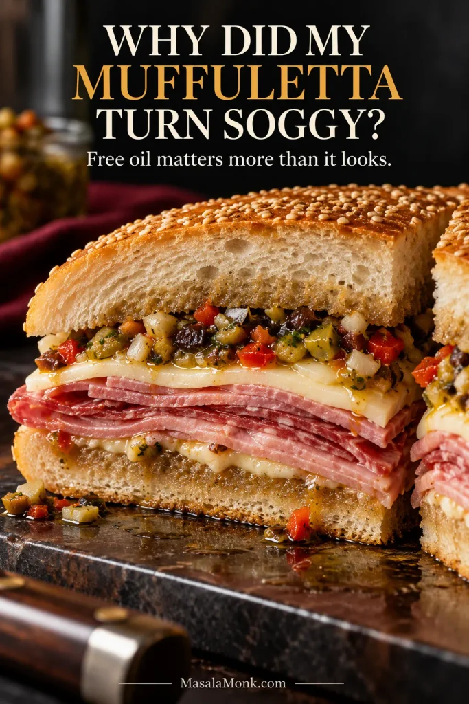 Close-up of a muffuletta with a darker oil-soaked band in the bread and a small amount of oil seeping near the filling.