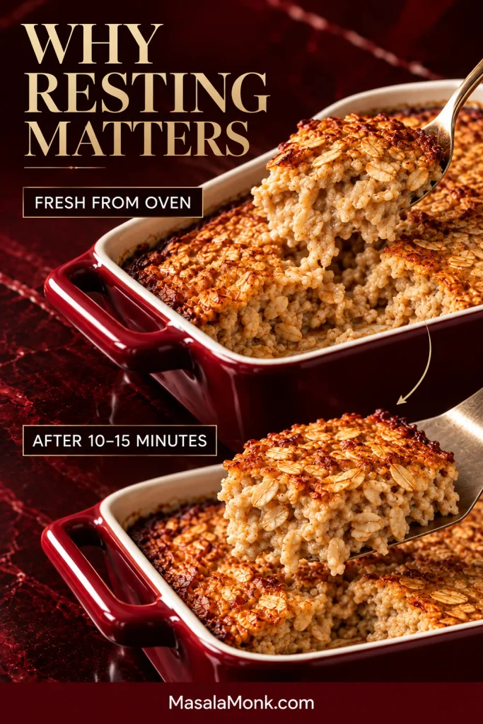 Comparison of freshly baked oatmeal scooped with a spoon and the same oatmeal after resting, when it holds together more firmly on a spatula.