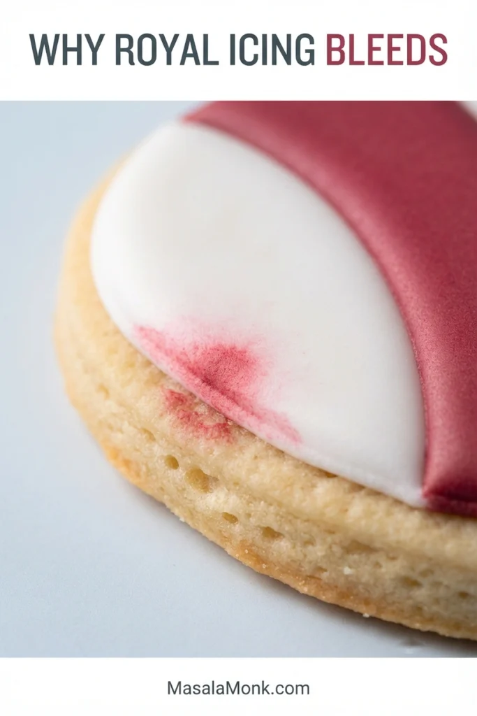 Dark red royal icing bleeding beyond its edge into an adjacent white iced section of a sugar cookie.
