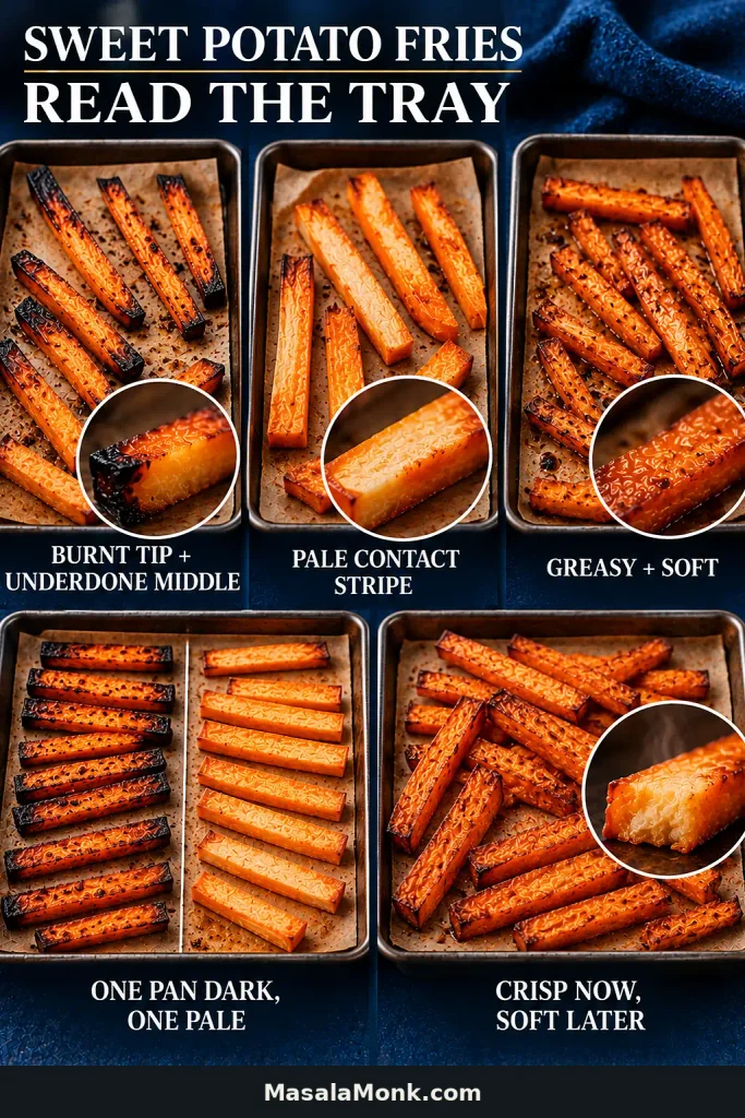 Five-panel troubleshooting guide showing sweet potato fries with burnt tips, pale contact areas, greasy softness, uneven browning between pans and browned fries softening after baking.