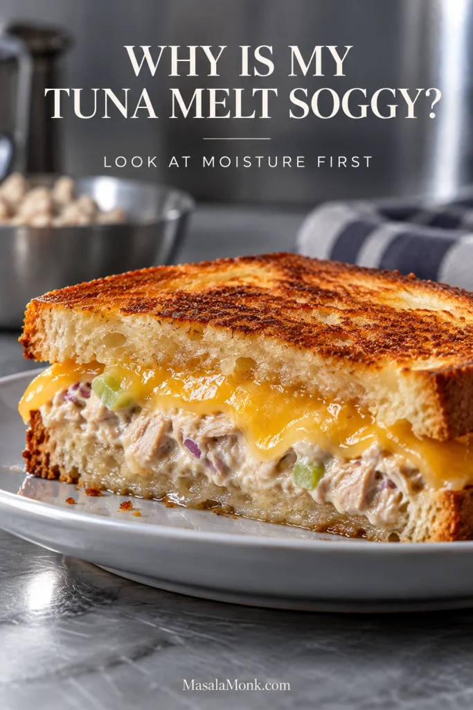 Close-up of a tuna melt with crisp outer bread but visibly damp, compressed bread where the tuna filling meets the lower slice.
