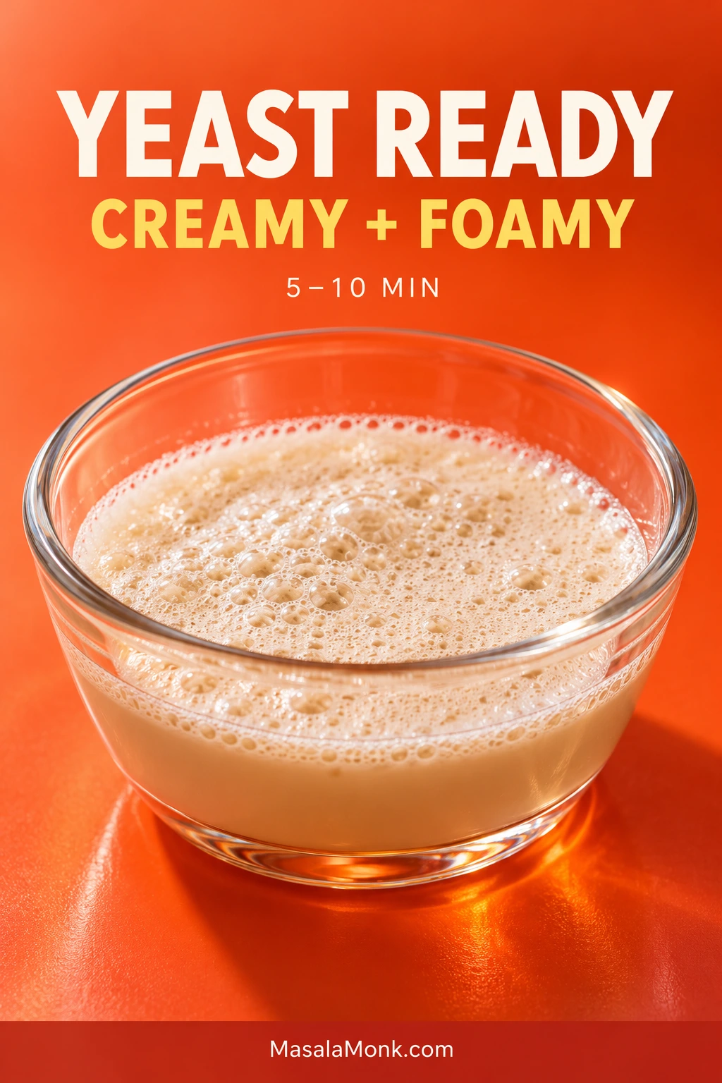Clear glass bowl of beige activated yeast mixture topped with a shallow creamy foam and clusters of small bubbles. Text reads “Yeast Ready,” “Creamy + Foamy,” and “5–10 Min.”