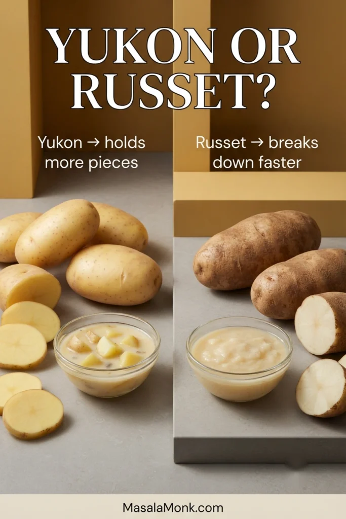 Comparison graphic showing Yukon Gold and Russet potatoes with a chunkier Gold potato soup and a smoother Russet potato soup.