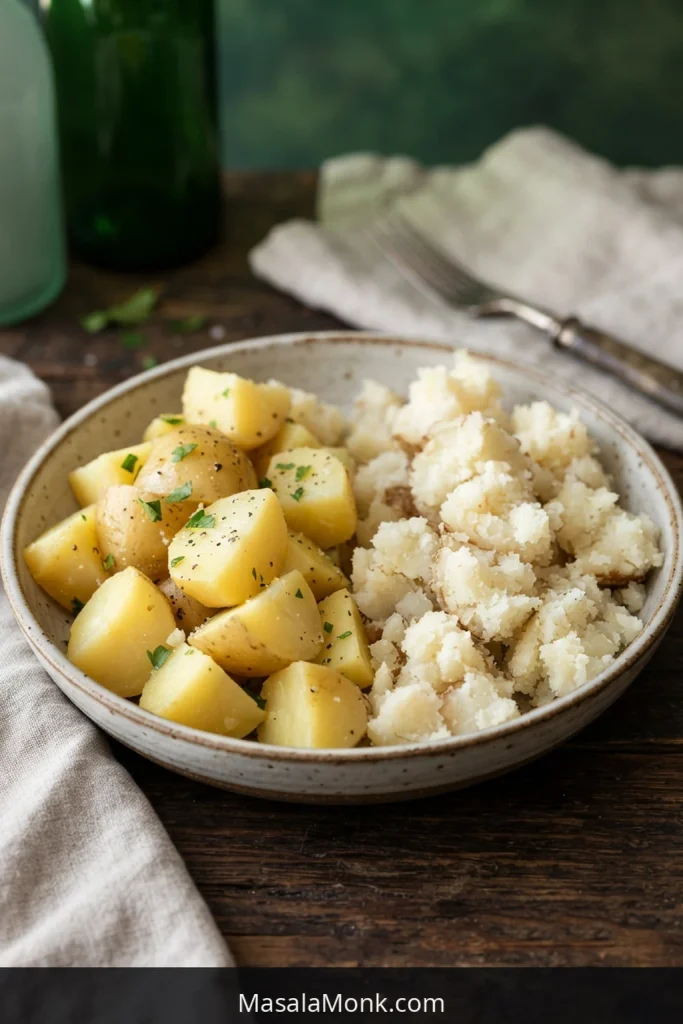 Cooked Yukon Gold potato pieces with defined softened edges beside paler Russet potato pieces that look fluffier and more broken down.